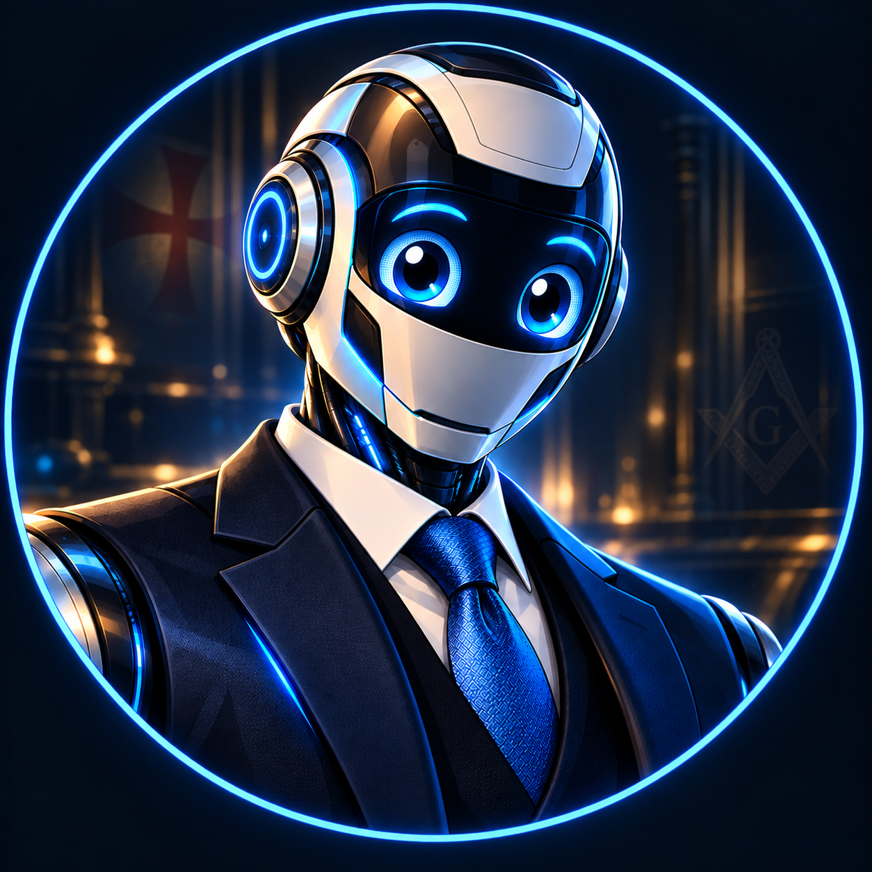 Illustrated robot in a suit and blue tie, framed by a glowing blue circle